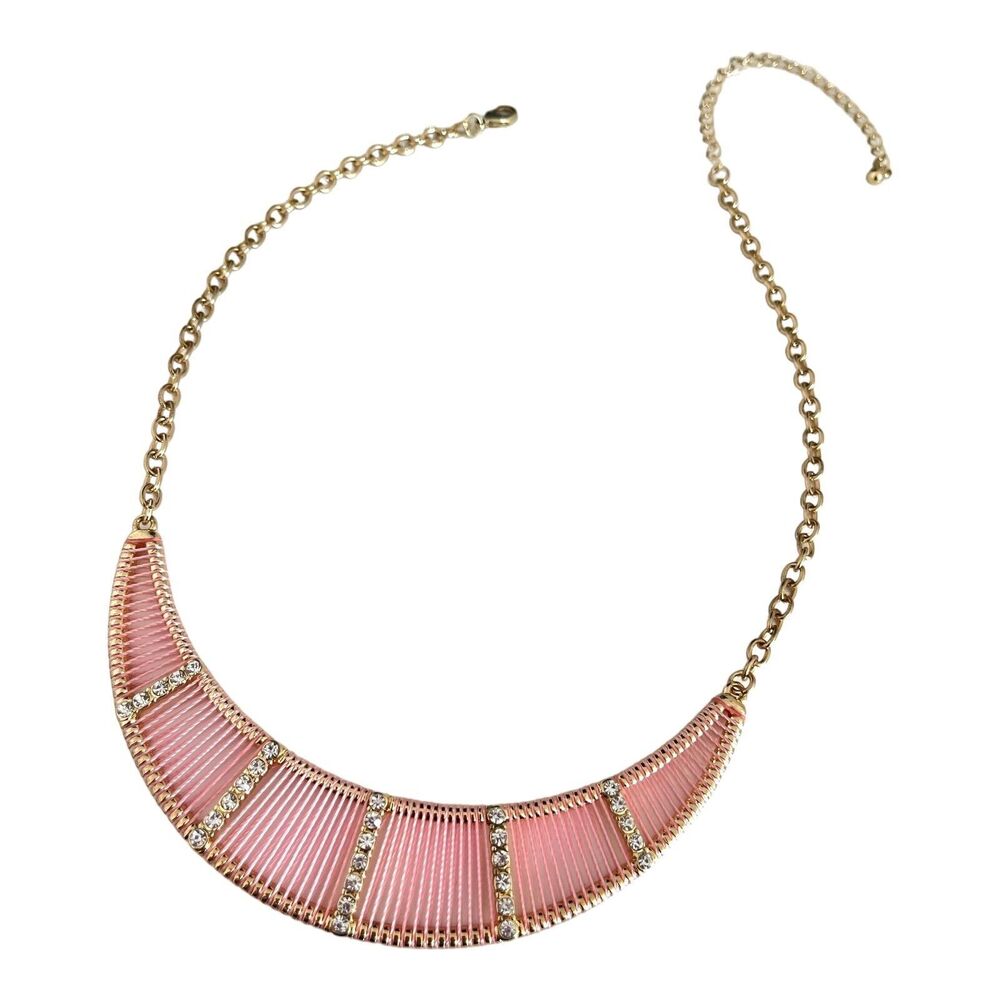 New Pink Thread Statement Necklace Gold Tone Rhinestone Collar - 5E